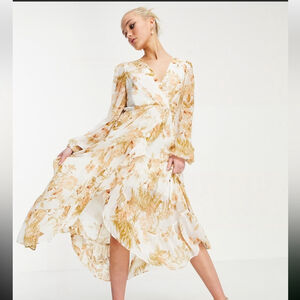 Ever New Ruffle Wrap Midi Floral Dress in ivory and gold floral Sz 4